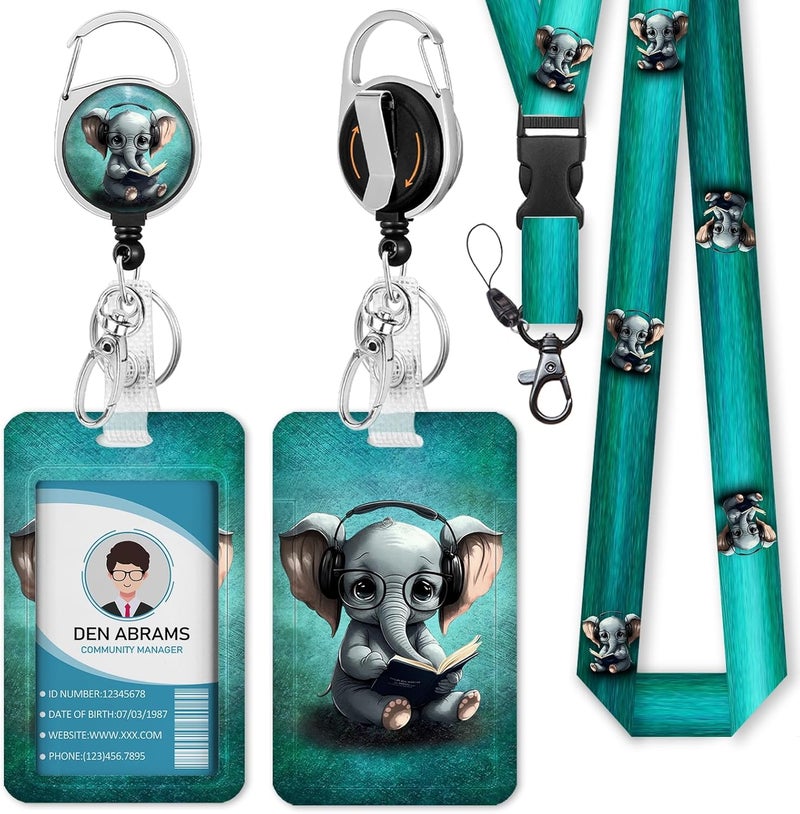 Piefly Lanyards for Id Badges, Cute Elephant Badge Holder with Retractable Heavy Duty Reel Belt Clip, Work Card Name Tag Lanyard Vertical ID Card Protector for Women Nurse Doctor Teacher Student - Image 1